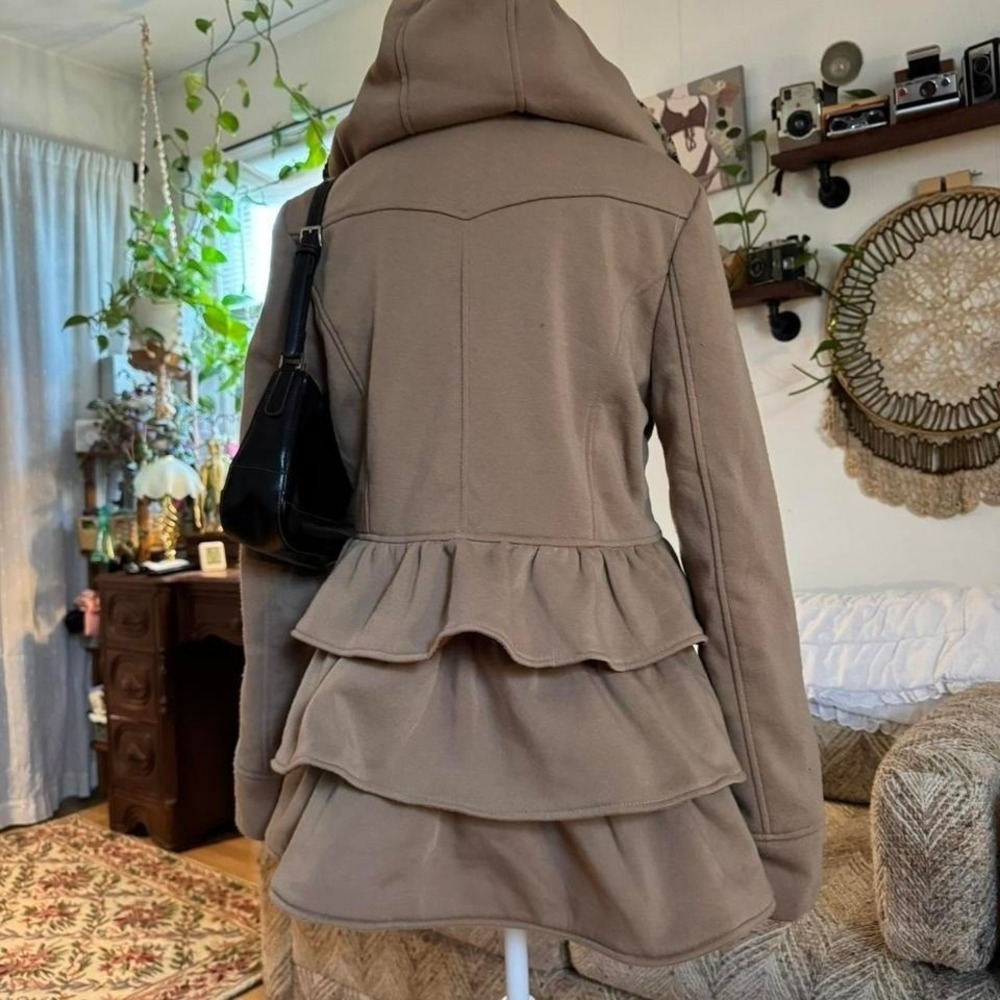 Yoki Camel Tan Ruffle Back Peacoat Leopard Faux Fur Hood Double Breasted Coat L - Picture 4 of 8